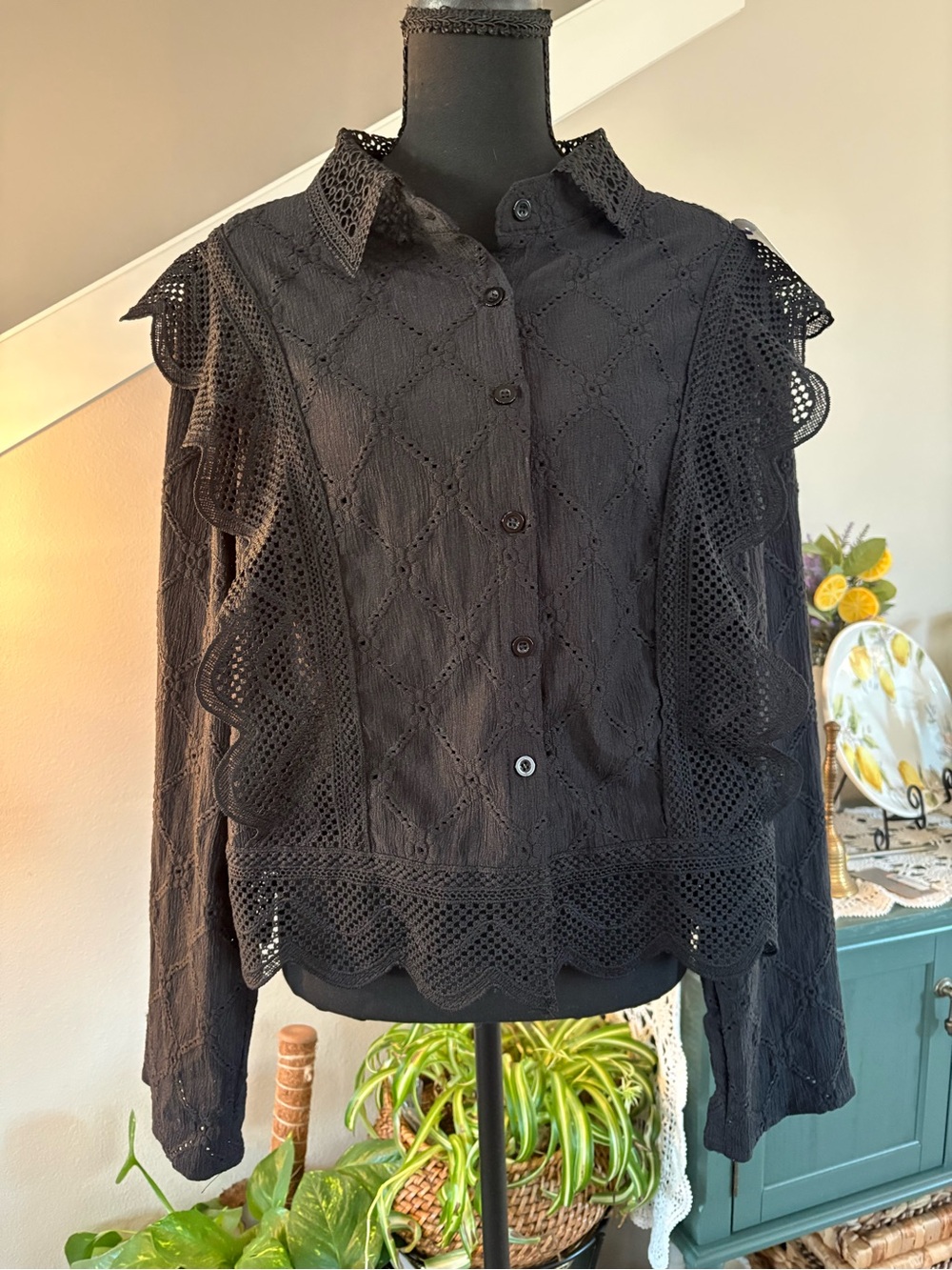 SHEIN Black Lace-Trim Button-Front Eyelet Blouse